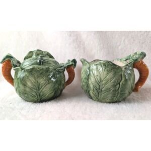 Vintage Majolica Style Cabbage Sugar & Creamer Set Carrot Handles Ceramic w/ Lid